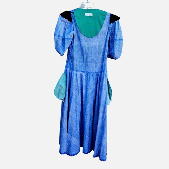 1980s Belle France Blue Stripe Cotton Midi Dress Puffy Sleeves Pockets Sz 6 - Picture 5 of 14